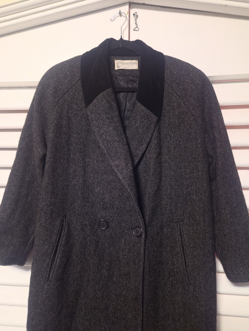Double-Breasted Charcoal Herringbone Pea Coat with Black Velvet Collar